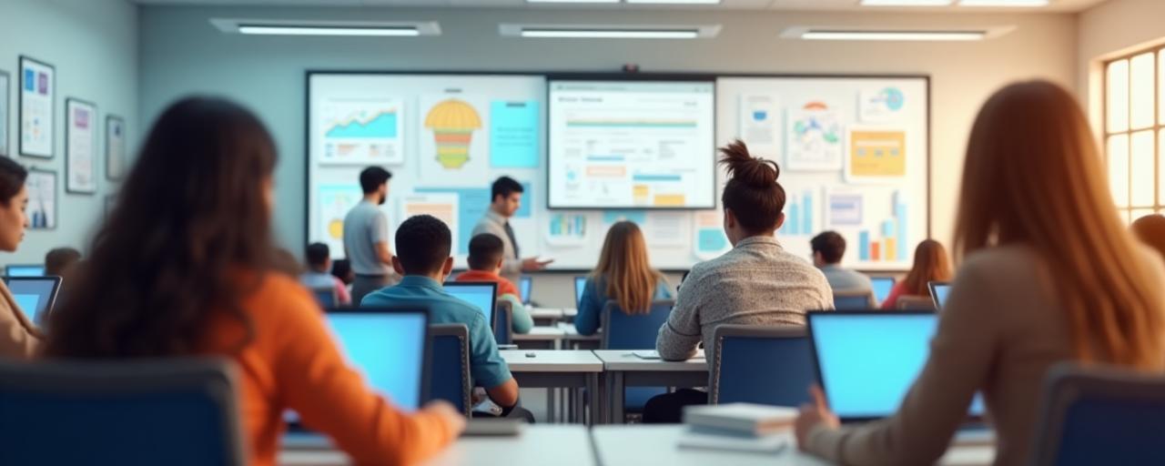 Salle de classe innovante avec étudiants multiculturels en train d’apprendre